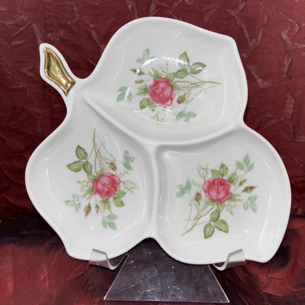 Vintage Old Nuremberg Bavaria Germany 3 Section Leaf Shape Porcelain Dish Roses